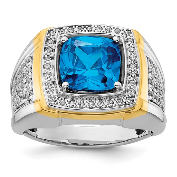 IBGoodman 14k Two-Tone 3/4 carat Lab Grown Diamond VS/SI+ G+ and Blue Topaz Complete Men's Ring