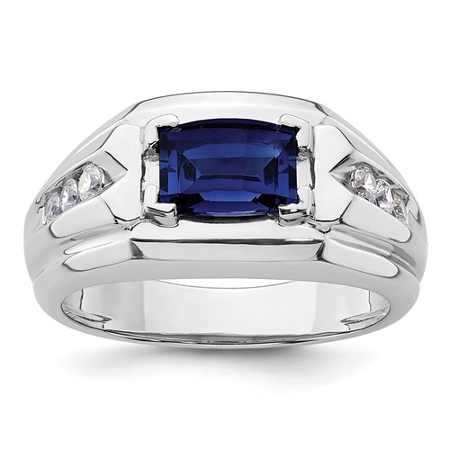 IBGoodman 14K White Gold 0.25 Carat Lab Grown Diamond VS SI+ G+ and Lab Created Blue Sapphire Complete Men's Ring