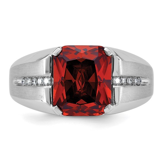 IB Goodman 14k White Gold Mens Barrel Lab Created Garnet and 1/10 carat Diamond Complete Ring
