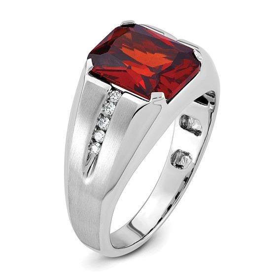 IB Goodman 14k White Gold Mens Barrel Lab Created Garnet and 1/10 carat Diamond Complete Ring