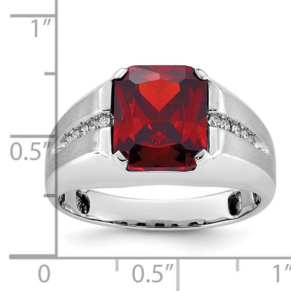 IB Goodman 14k White Gold Mens Barrel Lab Created Garnet and 1/10 carat Diamond Complete Ring
