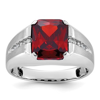 IB Goodman 14k White Gold Mens Barrel Lab Created Garnet and 1/10 carat Diamond Complete Ring