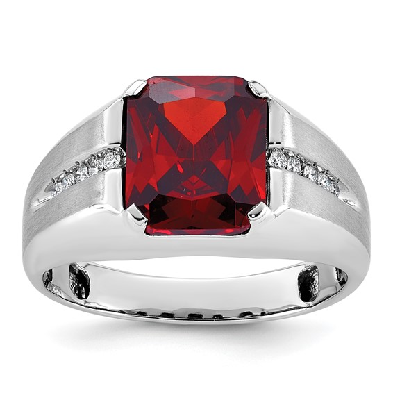 IB Goodman 14k White Gold Mens Barrel Lab Created Garnet and 1/10 carat Diamond Complete Ring