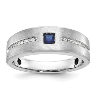 IB Goodman 14k White Gold Mens Satin Lab Created Sapphire and 1/8 carat Diamond Complete Ring