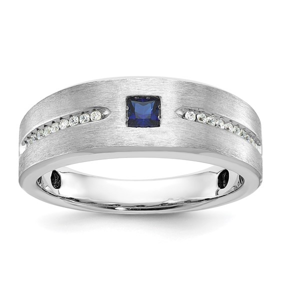 IB Goodman 14k White Gold Mens Satin Lab Created Sapphire and 1/8 carat Diamond Complete Ring