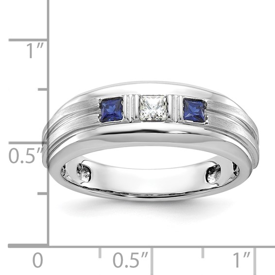 IBGoodman 14k White Gold Men's Polished Satin and Grooved Square 1/6 Carat AA Quality Diamond and Lab Created Sapphire 3-Stone Ring