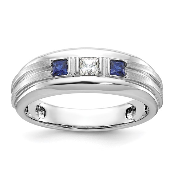 IBGoodman 14k White Gold Men's Polished Satin and Grooved Square 1/6 Carat Lab Grown Diamond and Lab Created Sapphire 3-Stone Complete Ring