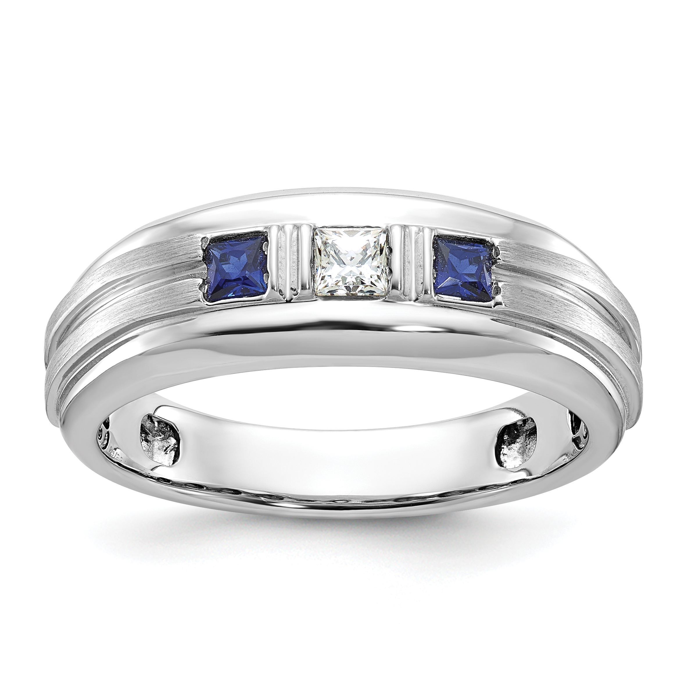 IBGoodman 14k White Gold Men's Polished Satin and Grooved Square 1/6 Carat AA Quality Diamond and Lab Created Sapphire 3-Stone Ring (B52049-4WCS/AA)