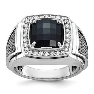 IB Goodman 14k White Gold with Black Rhodium Mens Cushion Onyx and 1/4 carat Diamond Complete Ring