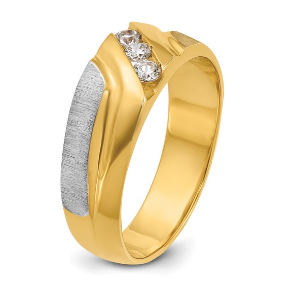 IBGoodman 14k Two-tone Men's Polished Satin and Grooved 3-Stone 1/4 Carat AA Quality Diamond Ring