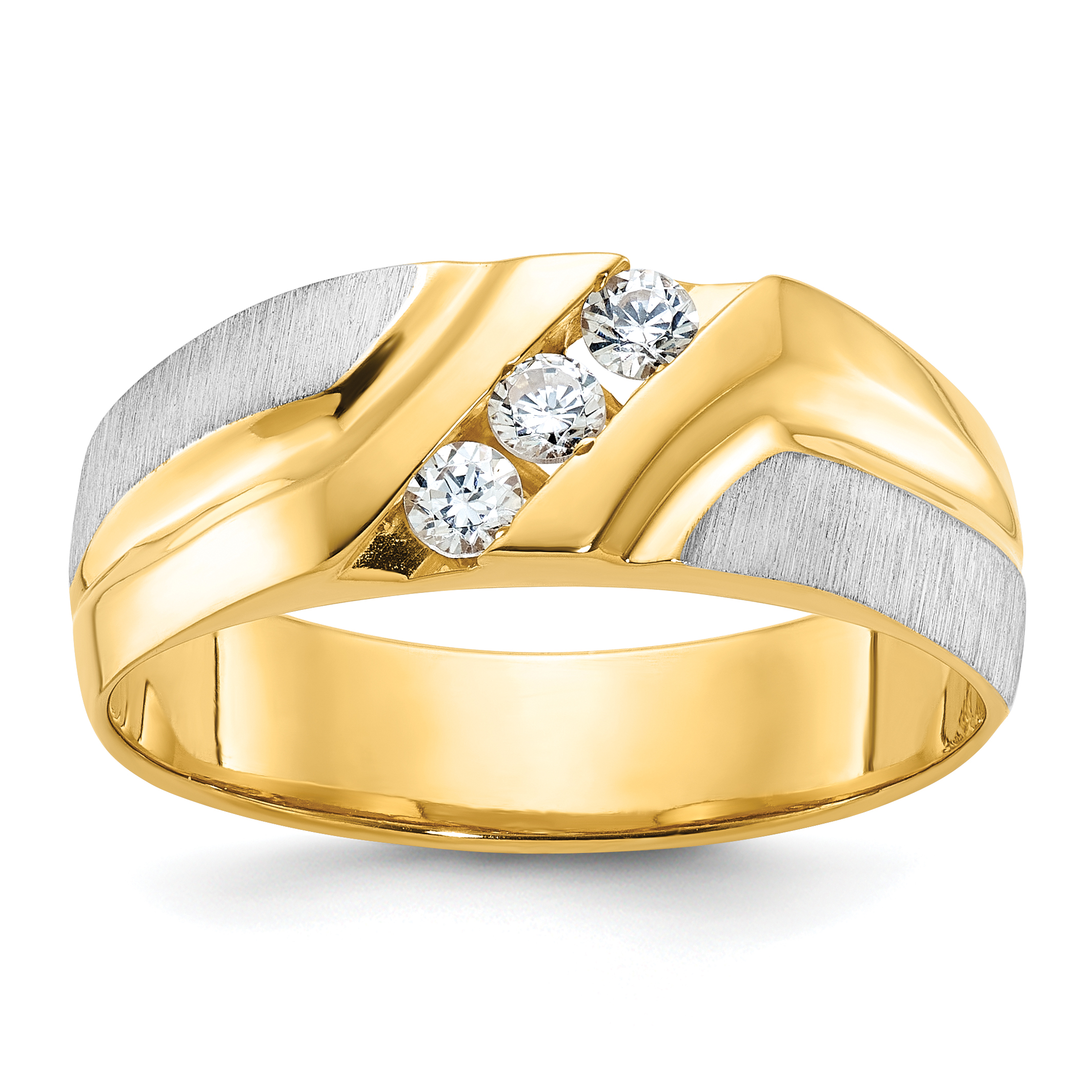 IBGoodman 14k Two-tone Men's Polished Satin and Grooved 3-Stone 1/4 Carat AA Quality Diamond Ring (B56863-4YWAA)