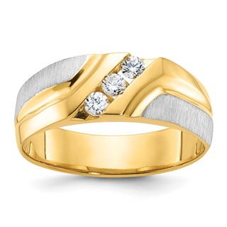IBGoodman 14k Two-tone Men's Polished Satin and Grooved 3-Stone 1/4 Carat AA Quality Diamond Ring