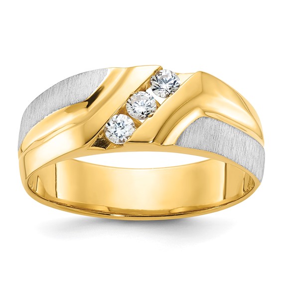 IBGoodman 14k Two-tone Men's Polished Satin and Grooved 3-Stone 1/4 Carat AA Quality Diamond Ring