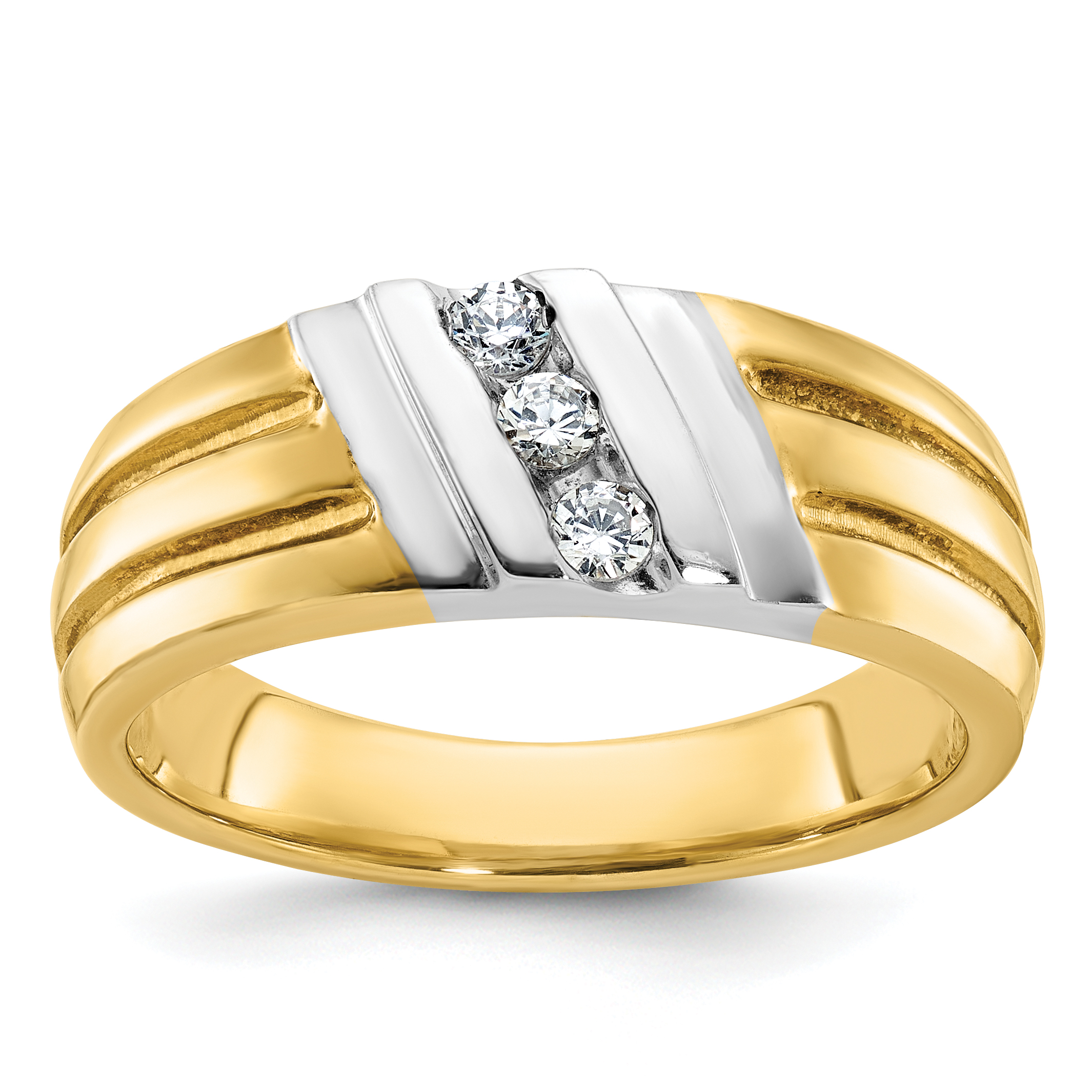 IBGoodman 14k Two-tone Men's Polished and Grooved 3-Stone 1/5 Carat AA Quality Diamond Ring (B56992-4YWAA)