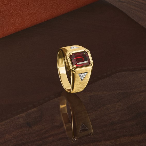 IB Goodman 14k Mens Polished and Satin Octagon Garnet and 1/15 carat Diamond Complete Ring