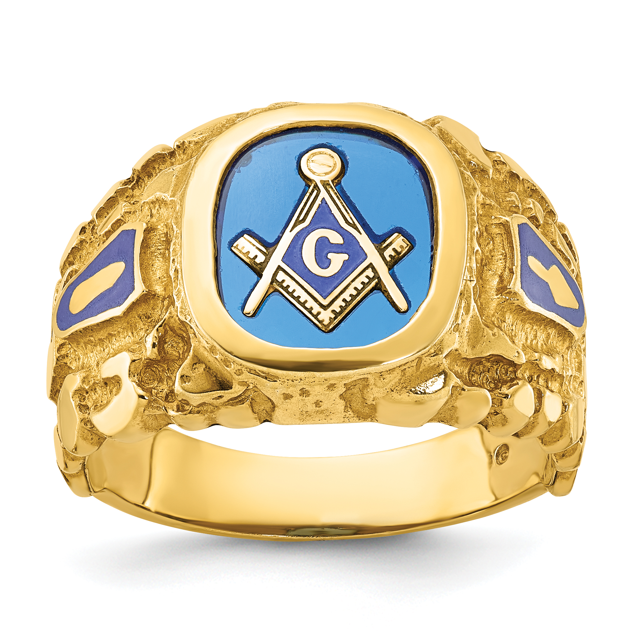 IBGoodman 10k Men's Polished and Nugget Textured with Blue Enamel and Lab Created Sapphire Blue Lodge Master Masonic Ring (B57619-0YCS)