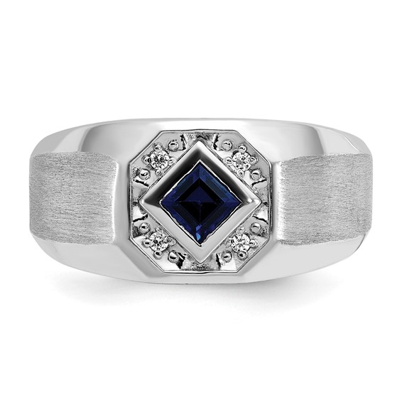 IB Goodman 14k White Gold Mens Square Lab Created Sapphire and 1/20 carat Diamond Satin Complete Ring