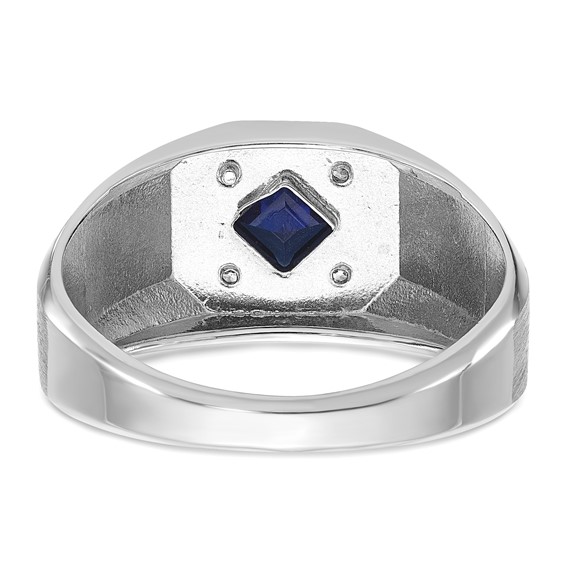 IB Goodman 14k White Gold Mens Square Lab Created Sapphire and 1/20 carat Diamond Satin Complete Ring