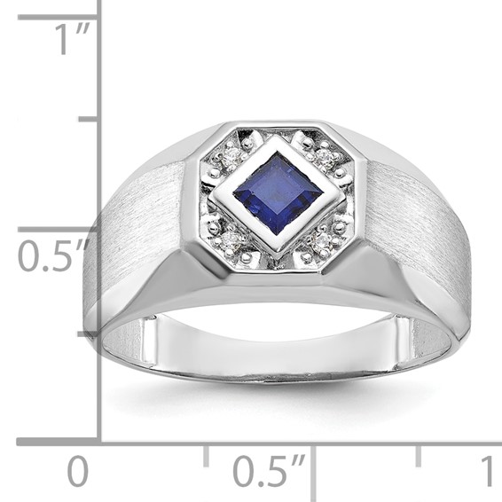 IB Goodman 14k White Gold Mens Square Lab Created Sapphire and 1/20 carat Diamond Satin Complete Ring