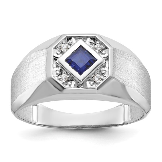 IB Goodman 14k White Gold Mens Square Lab Created Sapphire and 1/20 carat Diamond Satin Complete Ring