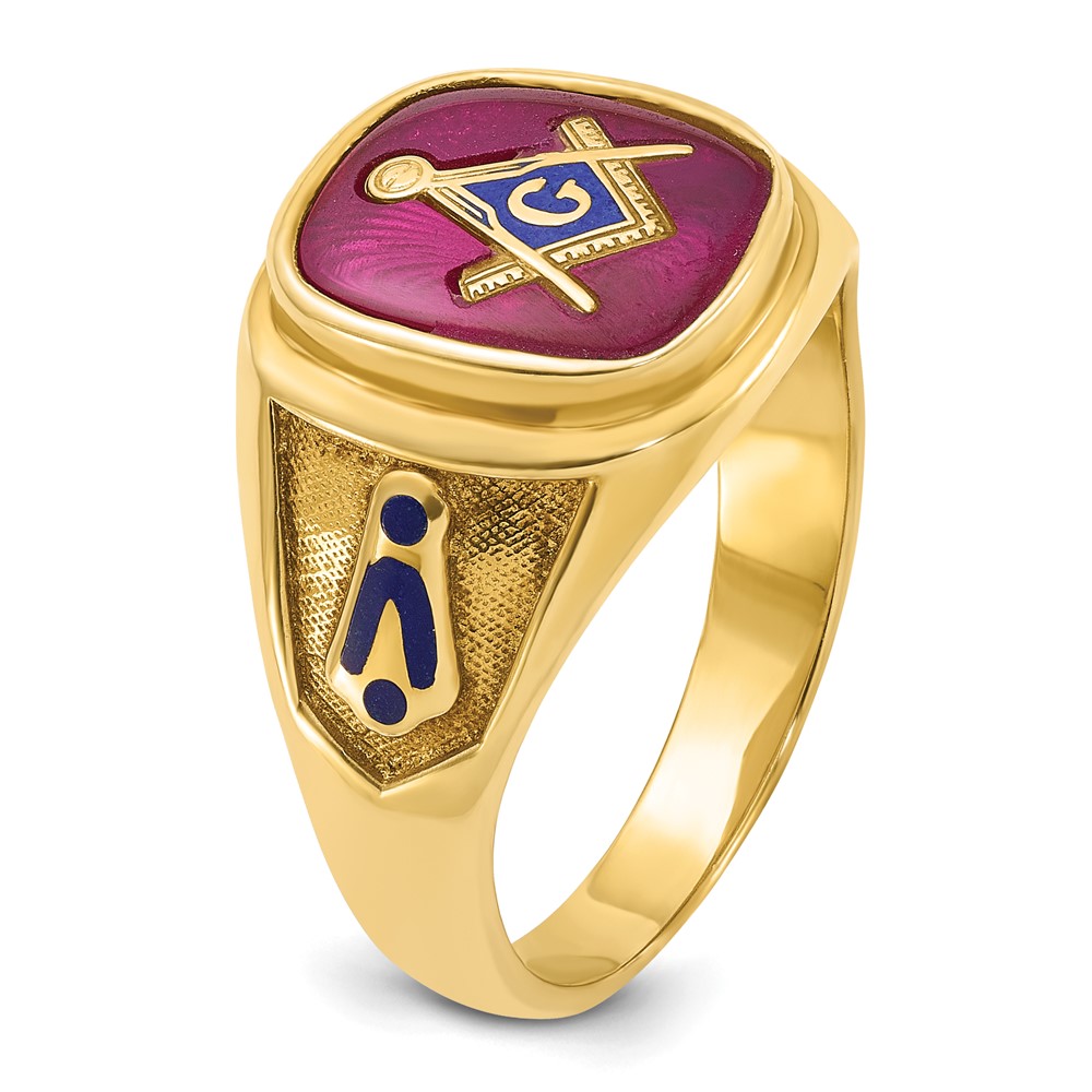 IBGoodman 14k Men's Polished and Textured with Blue Enamel and Lab Created Ruby Blue Lodge Master Masonic Ring (B57679-4YCR)