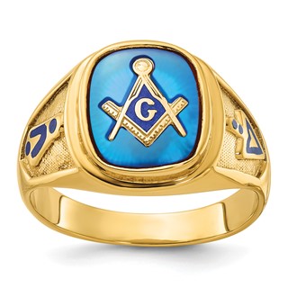 IBGoodman 14k Men's Polished and Textured with Blue Enamel and Lab Created Sapphire Blue Lodge Master Masonic Ring
