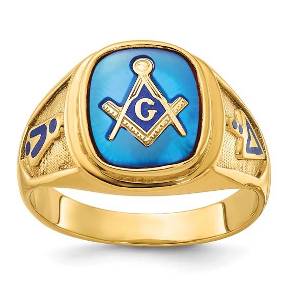 IBGoodman 14k Men's Polished and Textured with Blue Enamel and Lab Created Sapphire Blue Lodge Master Masonic Ring