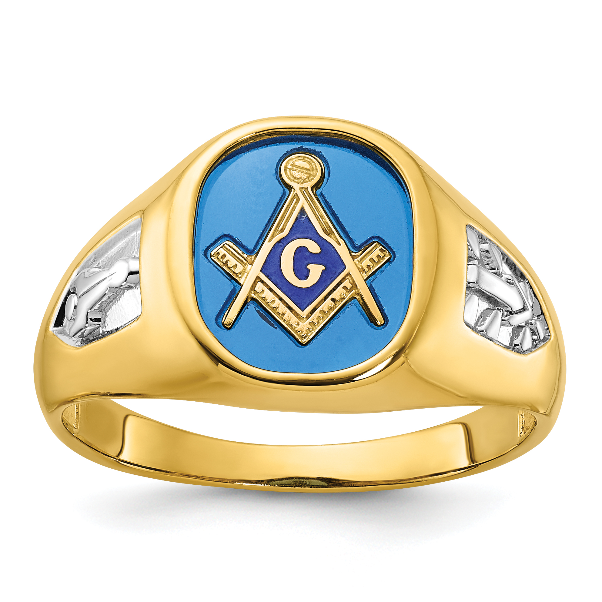 IBGoodman 10k with White Rhodium Men's Polished and Textured with Lab Created Sapphire Blue Lodge Master Masonic Ring (B57688-0YCS)