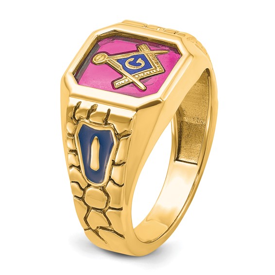 IBGoodman 14k Men's Polished and Textured with Blue Enamel and Lab Created Ruby Blue Lodge Master Masonic Ring