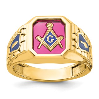 IBGoodman 14k Men's Polished and Textured with Blue Enamel and Lab Created Ruby Blue Lodge Master Masonic Ring