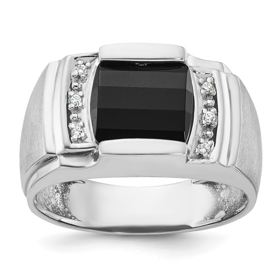 IB Goodman 14k White Gold Mens Satin Barrel Onyx and 1/20 carat Diamond Complete Ring