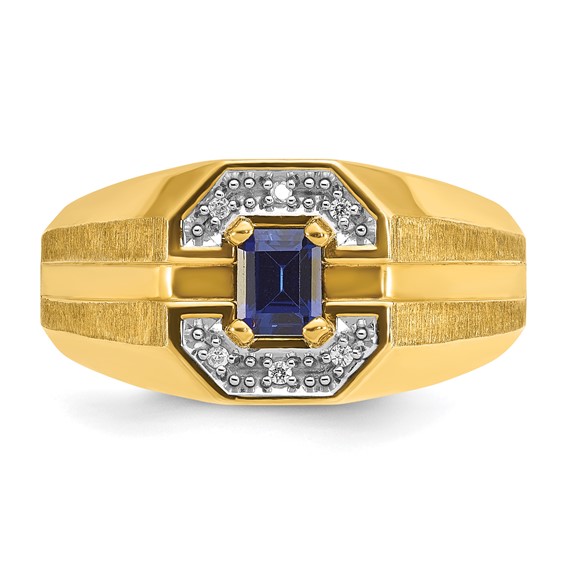 IB Goodman 14k Mens Octagon Lab Created Sapphire and 1/20 carat Diamond Satin Complete Ring