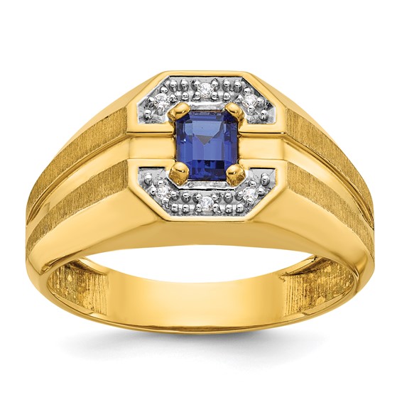IB Goodman 14k Mens Octagon Lab Created Sapphire and 1/20 carat Diamond Satin Complete Ring