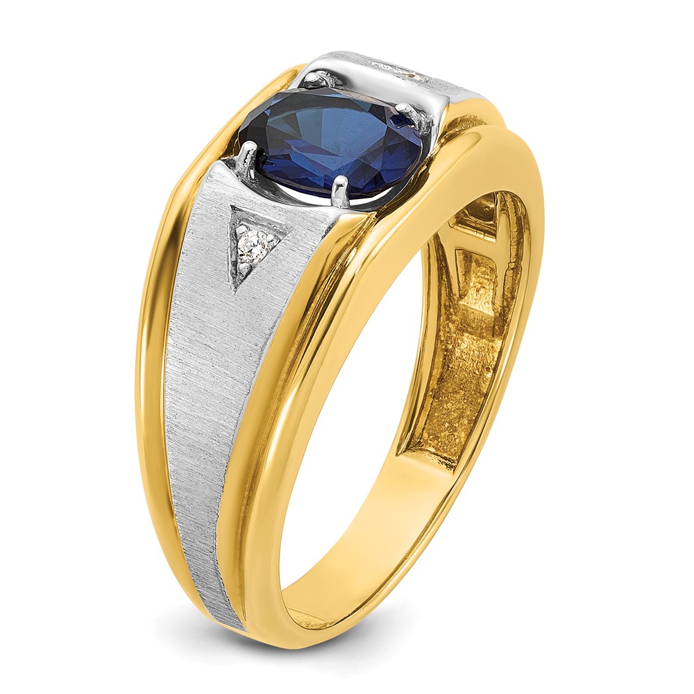 IBGoodman 14k Two-tone Men's Polished Satin and Grooved Lab Created Sapphire and AA Quality Diamond Ring (B57897-4YWCS/AA)