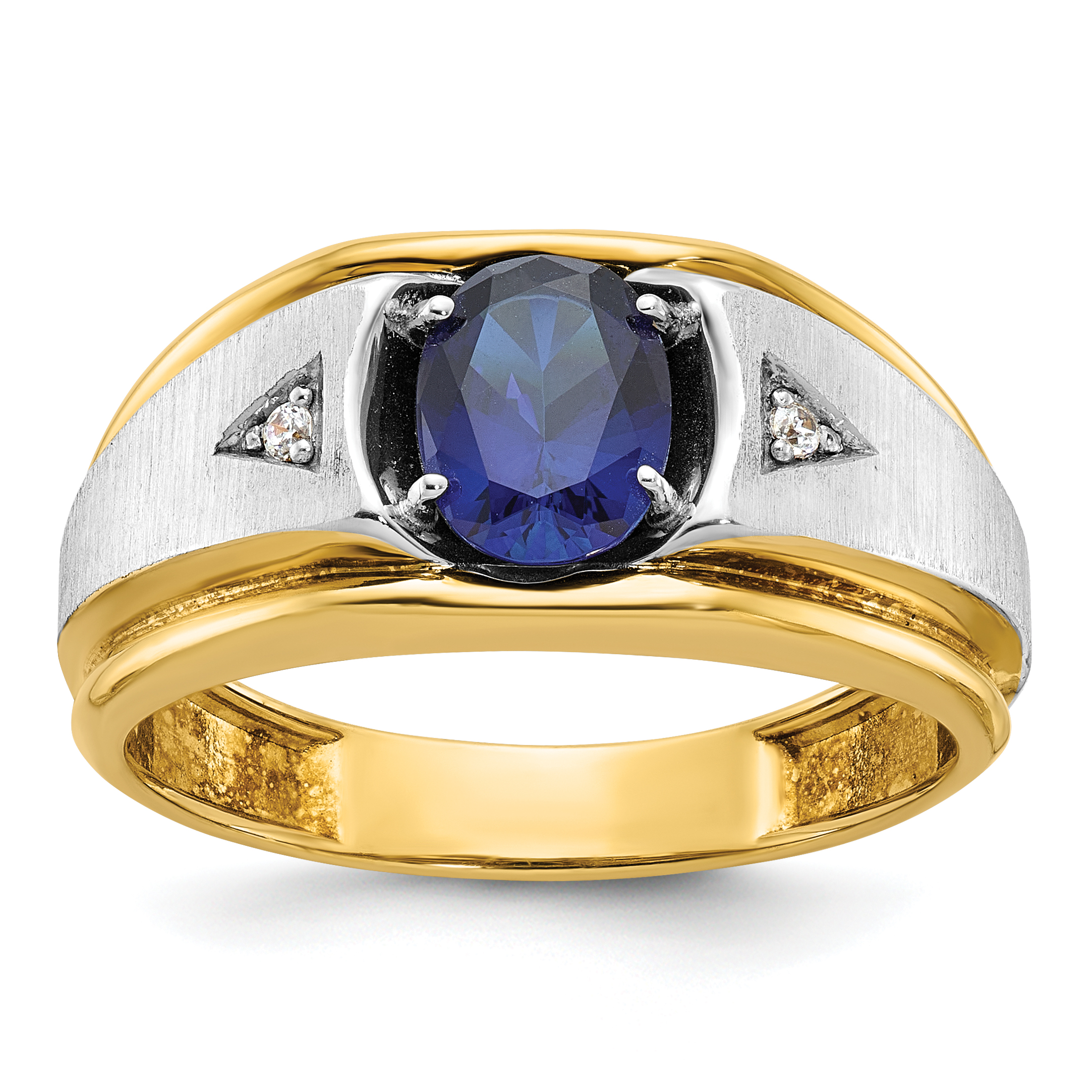 IBGoodman 14k Two-tone Men's Polished Satin and Grooved Lab Created Sapphire and AA Quality Diamond Ring (B57897-4YWCS/AA)