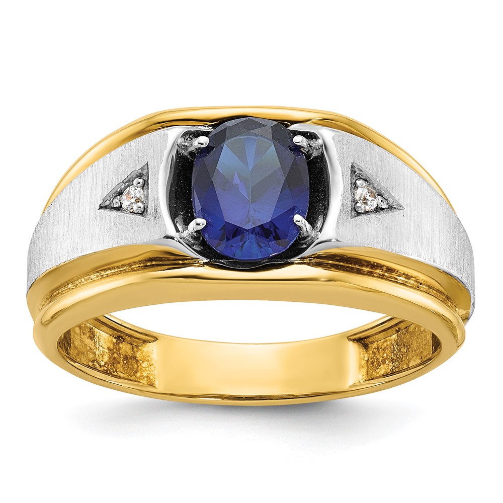 IBGoodman 14k Two-tone Men's Polished Satin and Grooved Lab Created Sapphire and AA Quality Diamond Ring (B57897-4YWCS/AA)