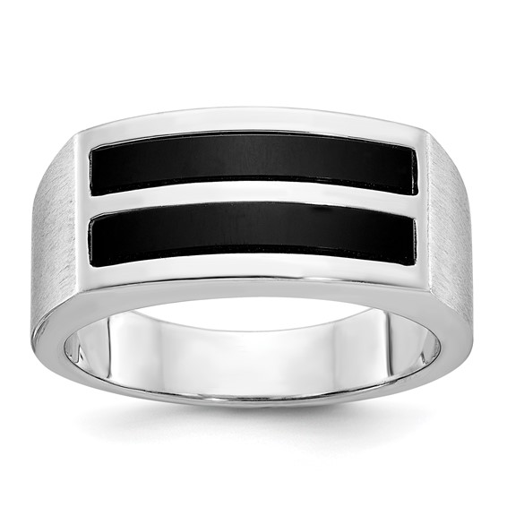 IB Goodman 14k White Gold Mens Polished and Satin 2-Row Onyx Ring