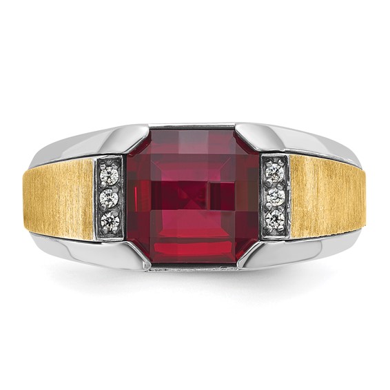 IBGoodman 14k Two-tone Men's Polished and Satin Lab Created Garnet and AA Quality Diamond Ring