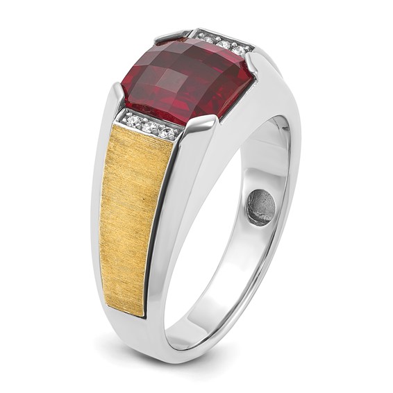 IBGoodman 14k Two-tone Men's Polished and Satin Lab Created Garnet and AA Quality Diamond Ring