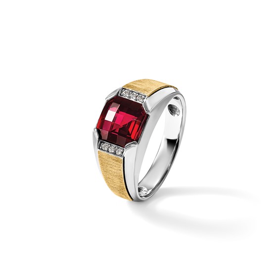 IBGoodman 14k Two-tone Men's Polished and Satin Lab Created Garnet and AA Quality Diamond Ring