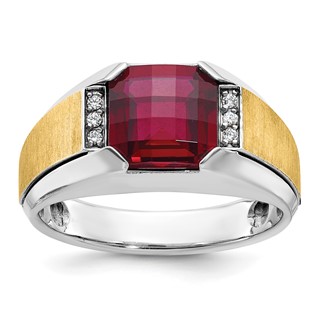 IBGoodman 14k Two-tone Men's Polished and Satin Lab Created Garnet and AA Quality Diamond Ring