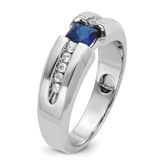 IB Goodman 14k White Gold Mens Polished Square Lab Created Sapphire and 1/5 Carat AA Quality Diamond Ring