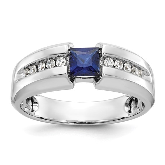 IB Goodman 14k White Gold Mens Polished Square Lab Created Sapphire and 1/5 Carat AA Quality Diamond Ring