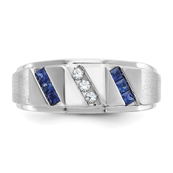 IB Goodman 14k White Gold Satin Lab Created Sapphire and 1/10 carat Diamond Complete Mens Ring