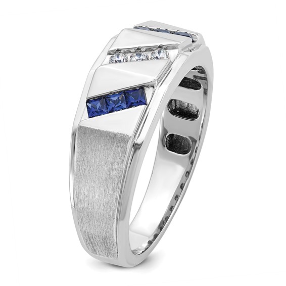 IB Goodman 14k White Gold Satin Lab Created Sapphire and 1/10 carat Diamond Complete Mens Ring