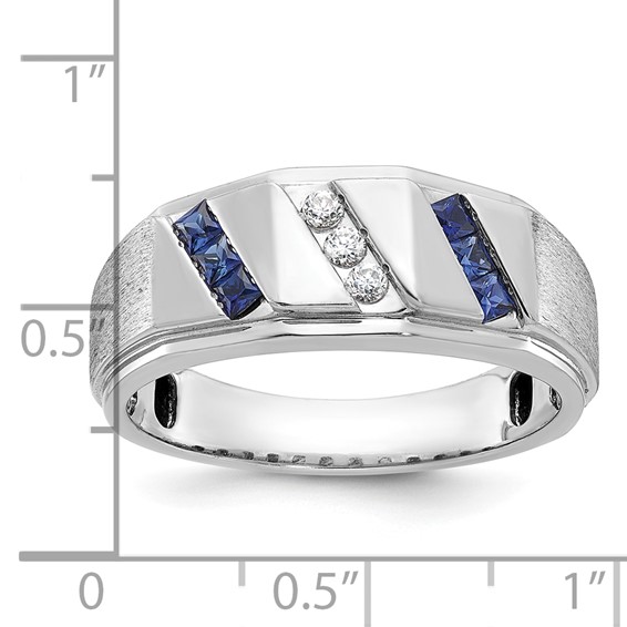 IB Goodman 14k White Gold Satin Lab Created Sapphire and 1/10 carat Diamond Complete Mens Ring