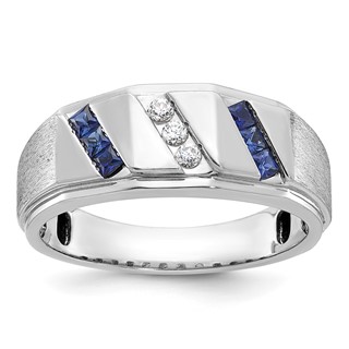 IB Goodman 14k White Gold Satin Lab Created Sapphire and 1/10 carat Diamond Complete Mens Ring