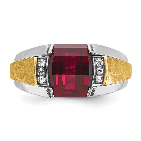 IB Goodman 14k Two-tone Mens Satin Barrel Lab Created Ruby and 1/20 carat Diamond Complete Ring