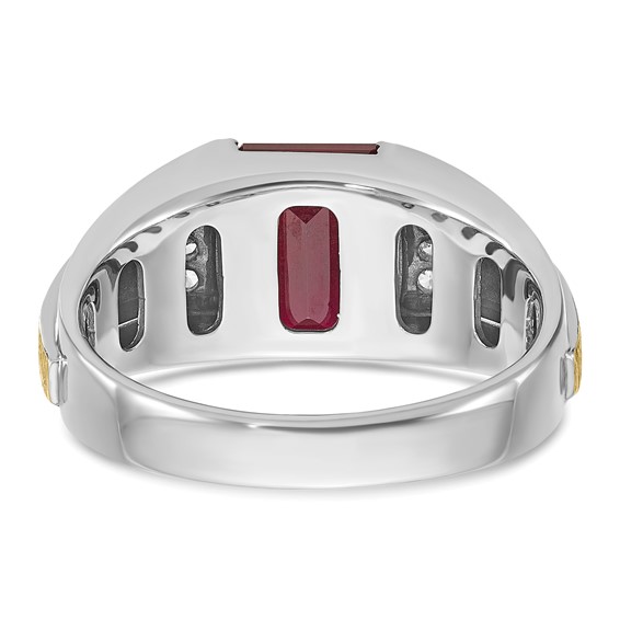 IB Goodman 14k Two-tone Mens Satin Barrel Lab Created Ruby and 1/20 carat Diamond Complete Ring