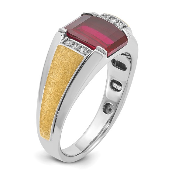IB Goodman 14k Two-tone Mens Satin Barrel Lab Created Ruby and 1/20 carat Diamond Complete Ring